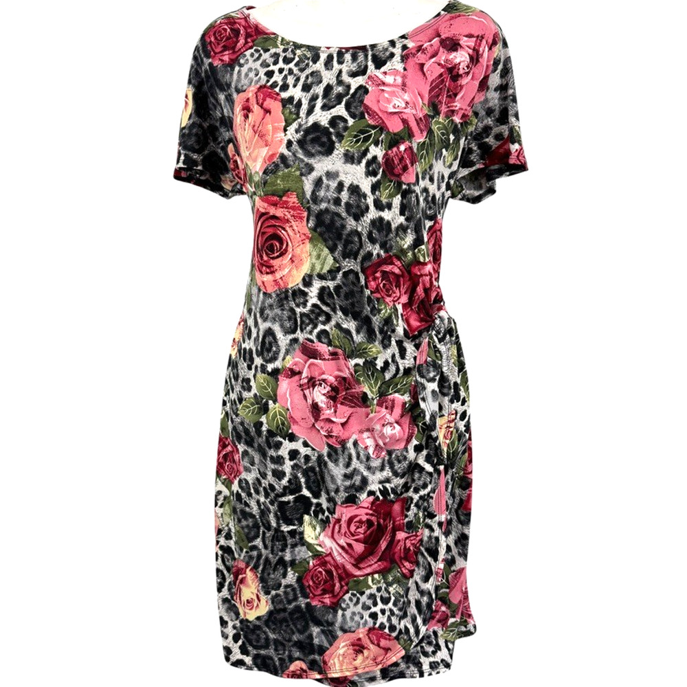 Robbie Bee Womens Floral Animal Print Jersey Knit Stretch Knee Length Dress sz M